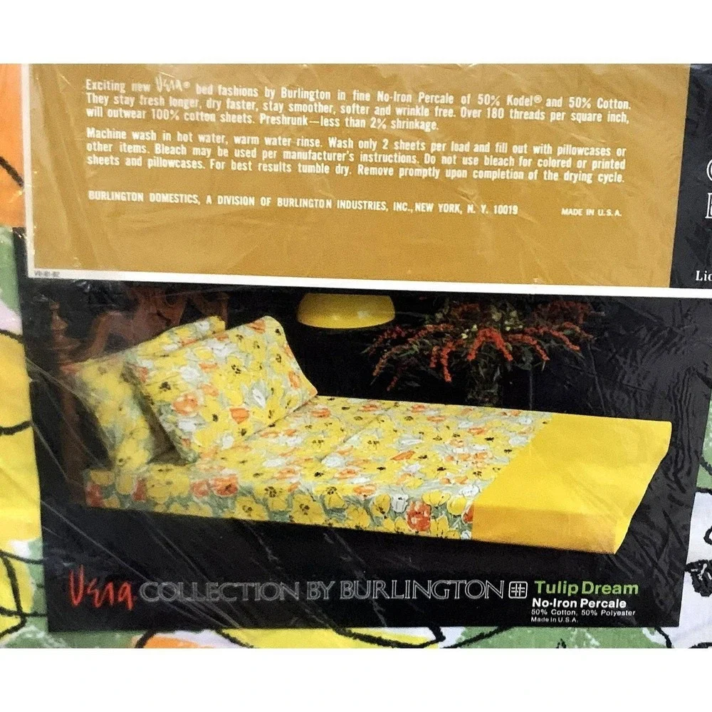 Vtg Vera Neumann by Burlington Full Flat Sheet Tulip Dreams Yellow Orang NOS 70s